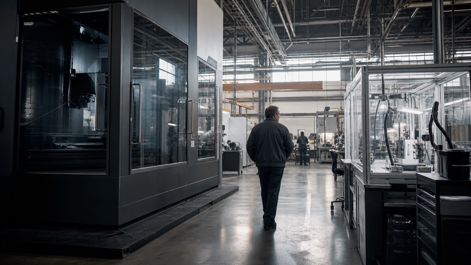 Engineer walking through a precision manufacturing facility